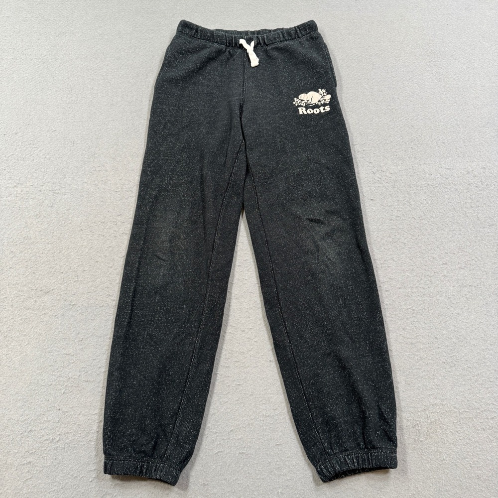 Roots Sweatpants Kid's 12 Black Salt Pepper Beaver Logo Fleece Lined Activewear
